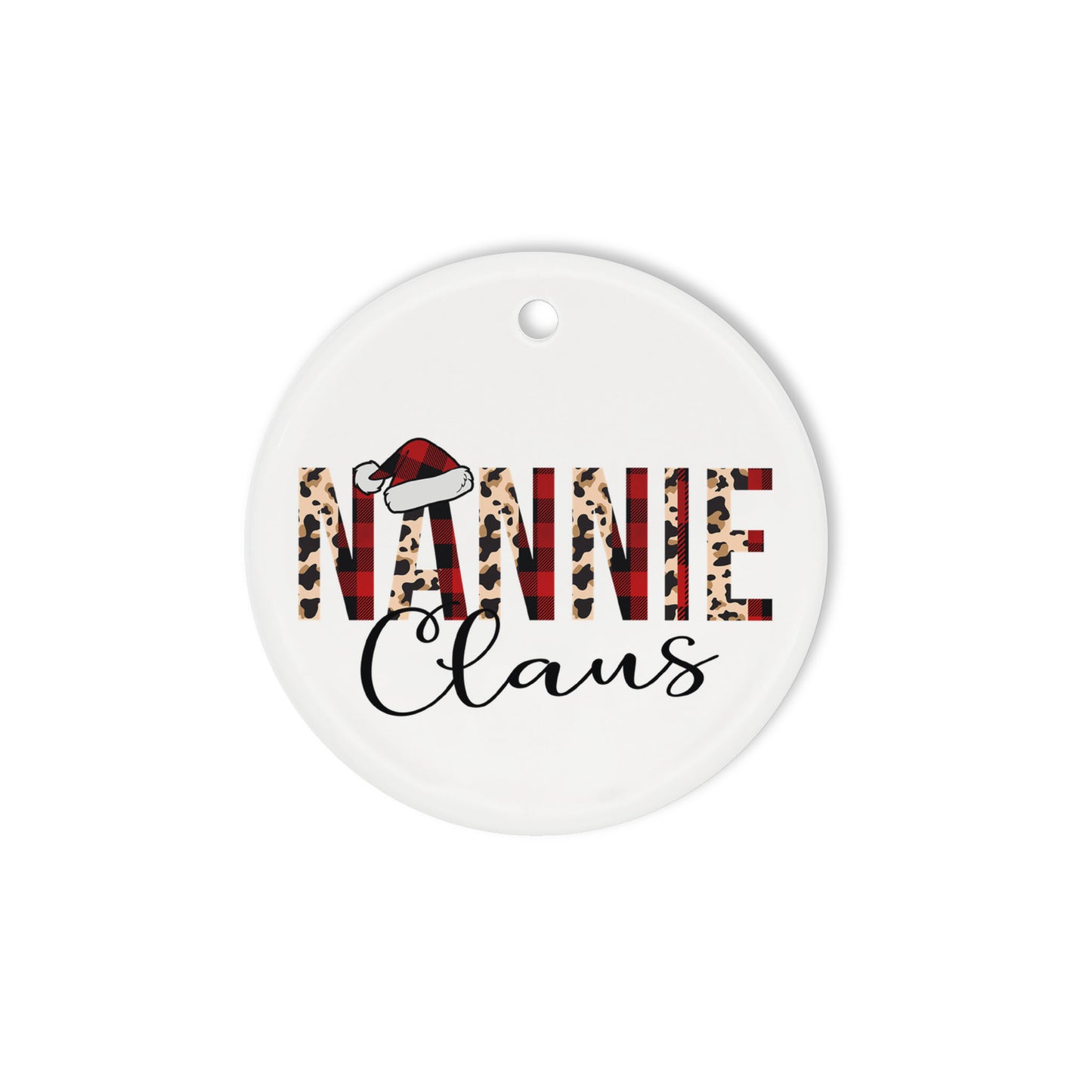 B0BHNT3G4B Leopard Nannie Claus Christmas Ornament - Red Buffalo Plaid Christmas
