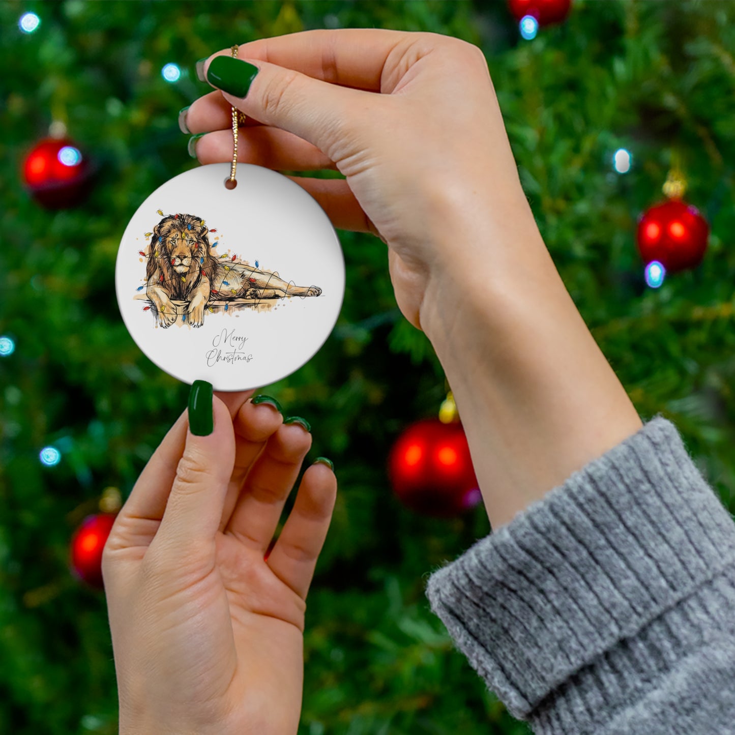 Lion Christmas Ornament - Xmas Tree Decor Ornament - Lion Keepsake Gift - Ceramic Ornament - Pet Lover Gift Printed on One Side