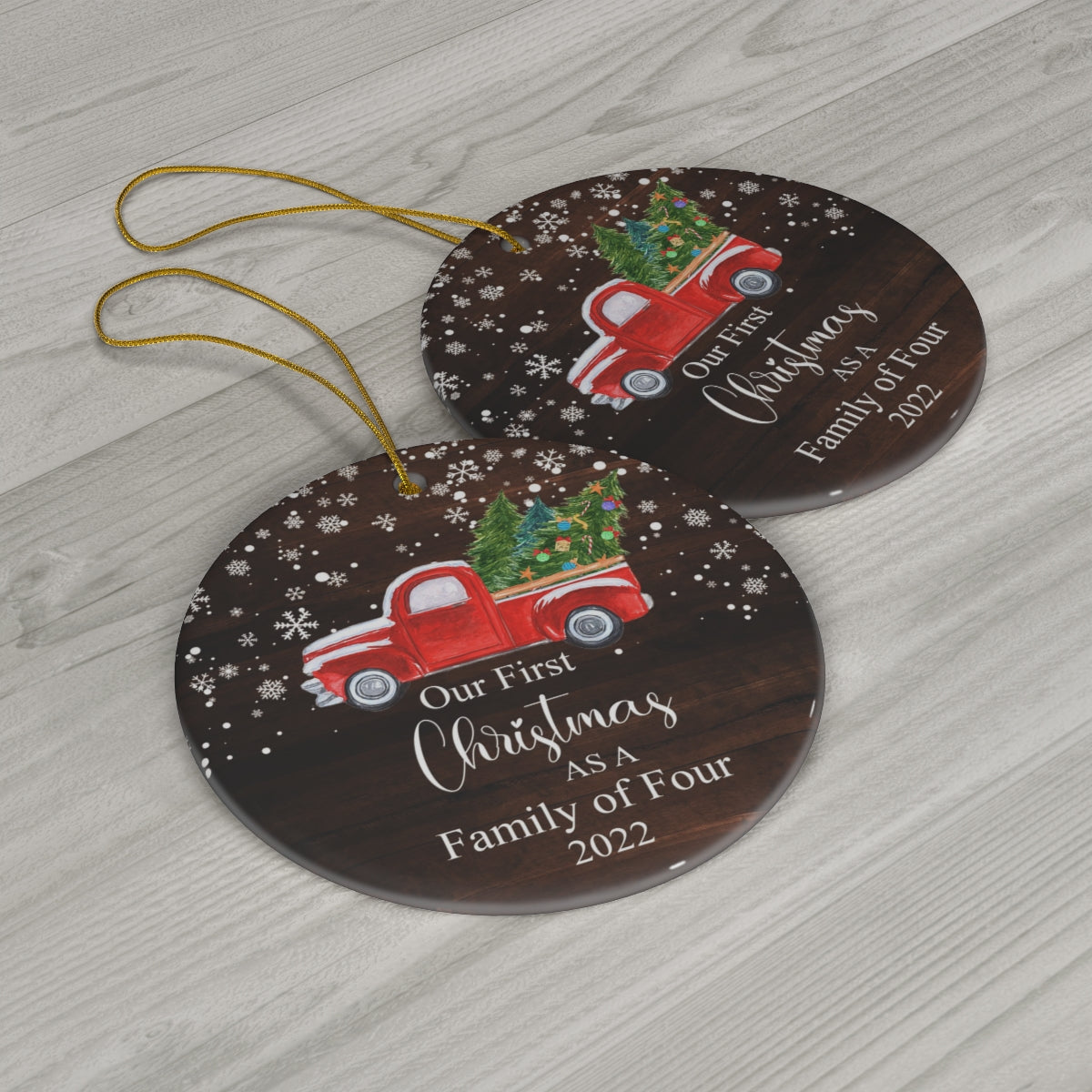 Our First Christmas As A Family of Four 2022 Christmas Tree Ornament - both side