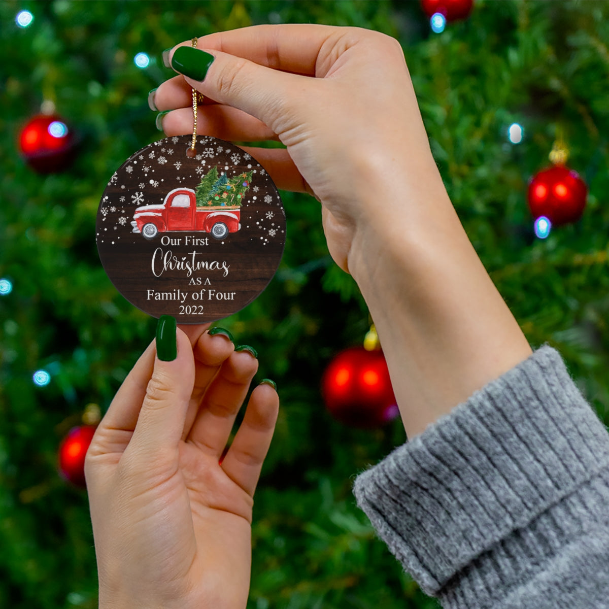 Our First Christmas As A Family of Four 2022 Christmas Tree Ornament - both side